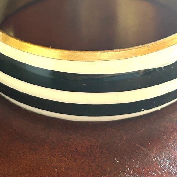 Vintage Black & White Striped Monogram "B" Bangle Bracelet w Gold Tone - Picture 5 of 7